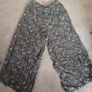 Floral Wide-Leg Pants - Green and Brown